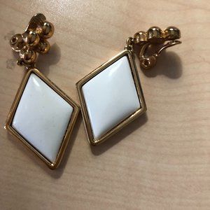 Vintage Trifari white enamel kite shaped clip on earrings